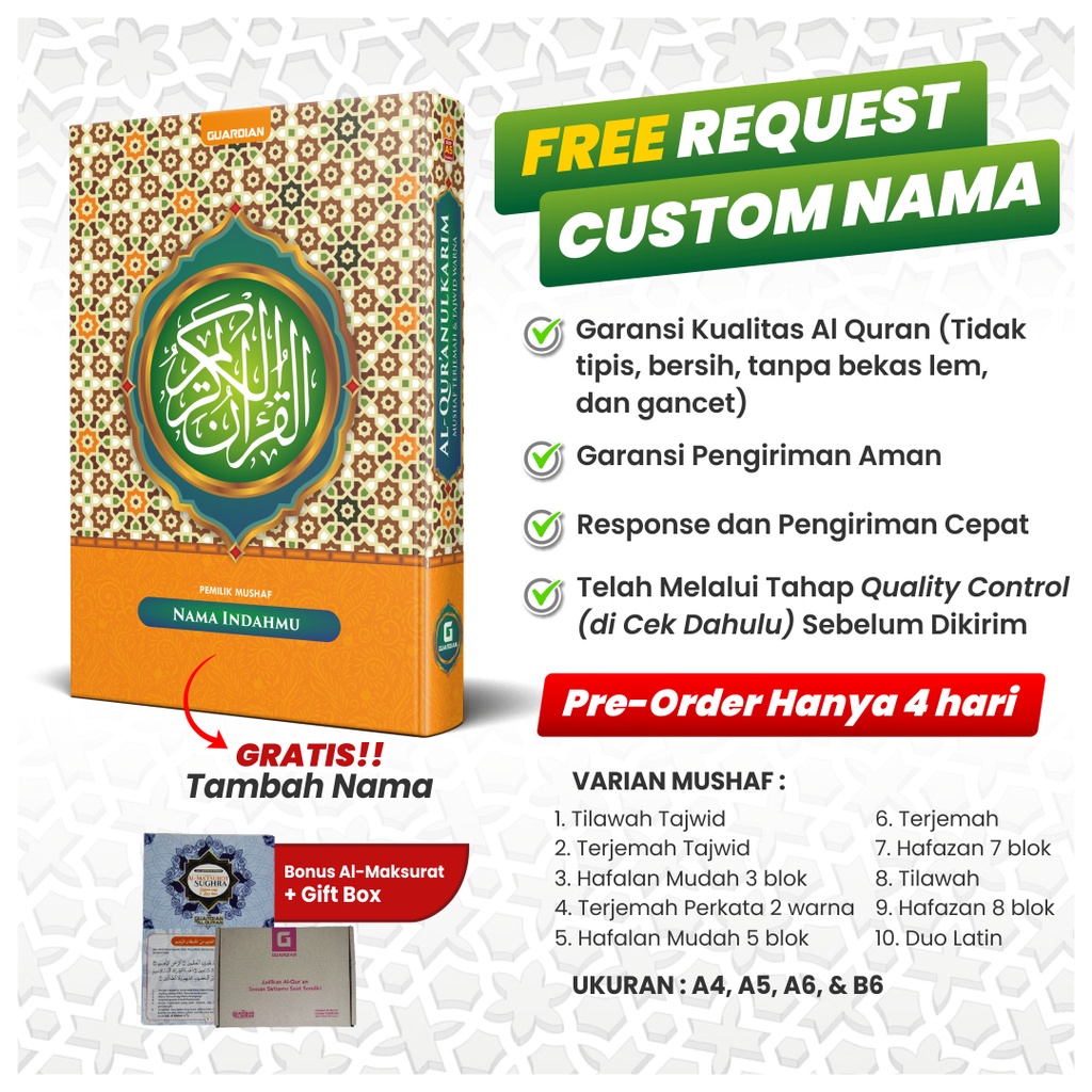 Alquran Quran Al quran Nama Sendiri Custom Request Mushaf Musaf Tilawah Tajwid Terjemahan Latin Perk