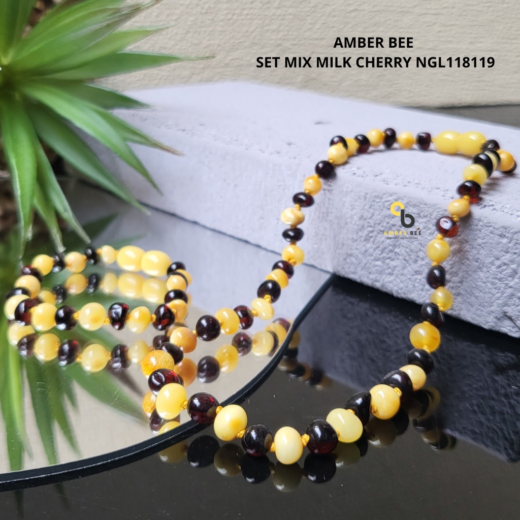 Set Kalung Gelang Amber Baltic Bayi &amp; Anak Mix Glossy Milk Cherry NBGMC118119 By Amber Bee