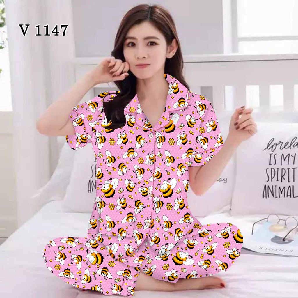 BJ - Piyama CP Wanita Murah - Bahan Katun - Baju Tidur Lengan Pendek Motif Karakter-Honey Bee Pink
