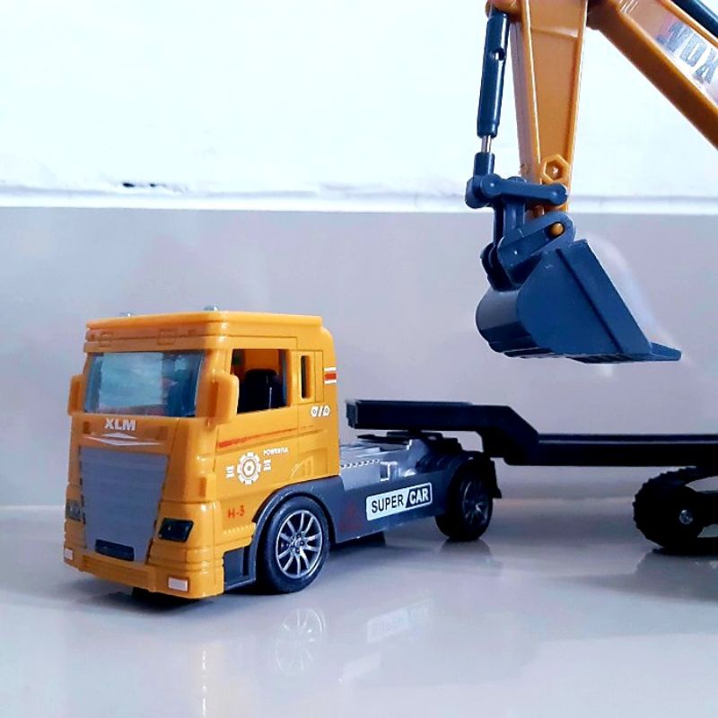 Diecast Set Truk Trailer &amp; Excavator Alloy - Mainan Miniatur Mobil Beko