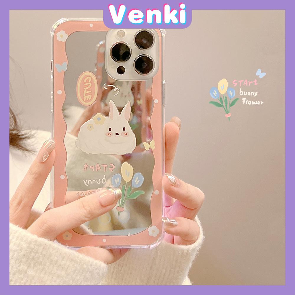 iPhone Case Acrylic Mirror Airbag Shockproof Protection Camera Cute Pink Rabbit Flowers Compatible For iPhone 11 iPhone 13 Pro Max iPhone 12 Pro Max iPhone 7 Plus iPhone x xr xs