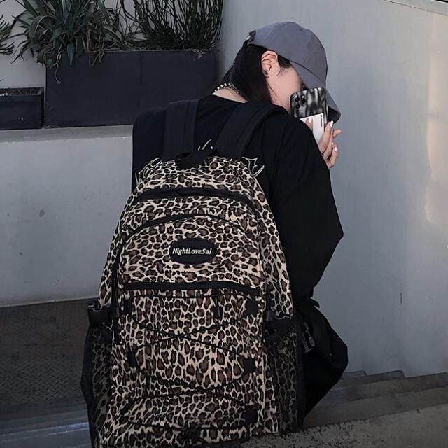 ❈▽Sera dark wind goreng street leopard print ransel untuk pria dan wanita versi Korea tas sekolah siswa kasual berkapasitas besar untuk semua pertandingan untuk pria dan wanita