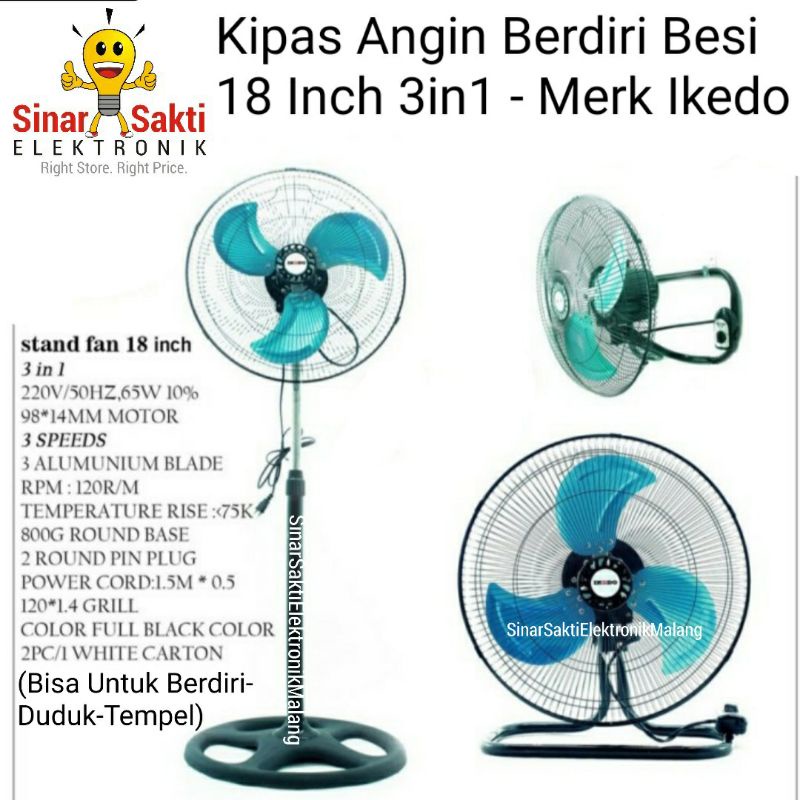 Kipas Angin Besi Tornado Ikedo Industri 3 in 1 18&quot; 18 inch berdiri duduk tempel Malang