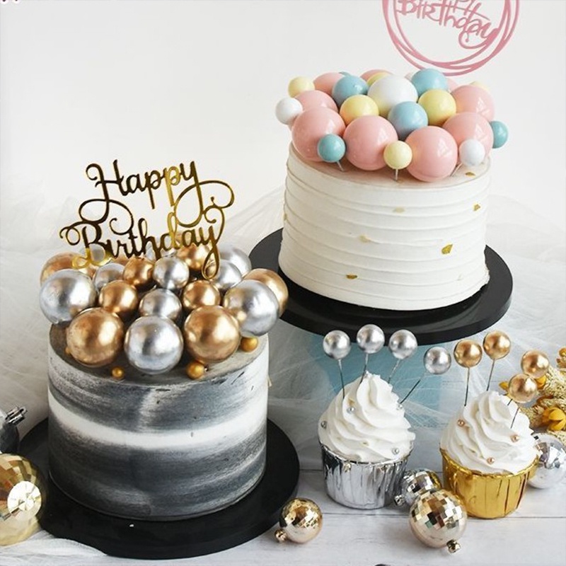 5Pcs/Topper cake happy birthday Bentuk Bola Warna Emas / Silver Untuk topper Kue Dekorasi -PD