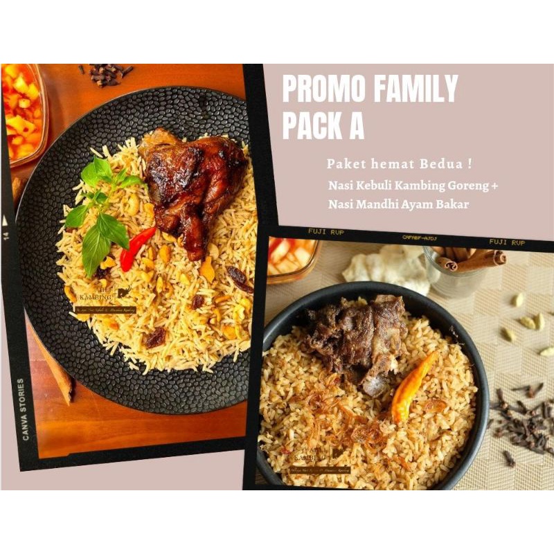 

Promo Family Pack A: Kebuli kambing goreng dan Mandhi Ayam Bakar