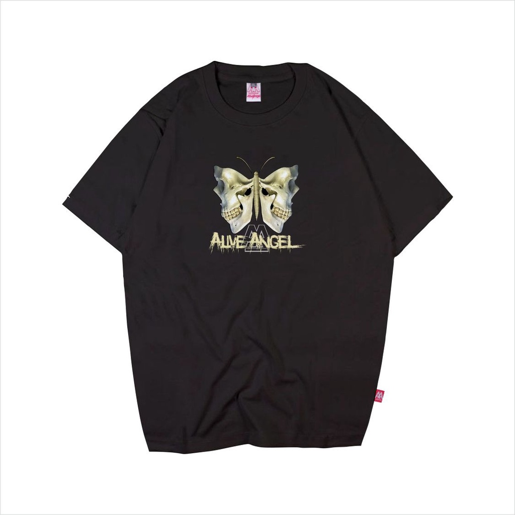 KAOS DISTRO ORIGINAL ALIVE ANGEL BUTTERFLY SKULL / KAOS KUPU KUPU HITAM / KAOS TENGKORAK / LARVA / L