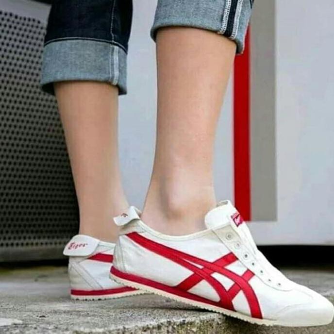 BERKUALITAS SEPATU WANITA ONITSUKA TIGER SLIP ON/PUTIH LIST MERAH CANTIK MURAH KEKINIAN