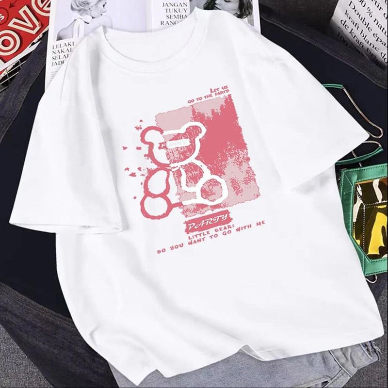 [littlecrab] Kaos Oversize Teddy Bear Funny Let Us Go To The Party Two Tone Hitam Putih Pink Kaos Tumblr Tshirt Lucu Gambar Beruang Imut Lucu T-shirt Little Bear Berkualitas Korean Style