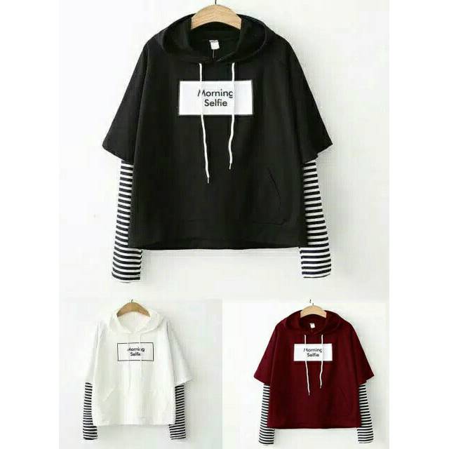 EN-SWEATER MORNING SELFIE  kombinasi tangan salur fit to L. Ld 98 cm panjang 55 ccm