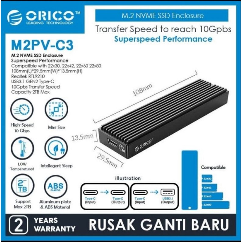 Orico M.2 NVMe SSD Enclosure USB Tipe C 3.1 External Case