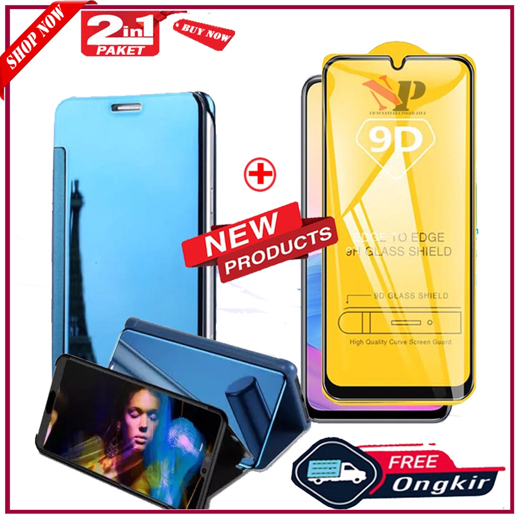 PAKET 2in1 Case Oppo Reno 5/Oppo Reno 4Clear View Standing Flip Cover Mirror Hard Case + Tempered Gl