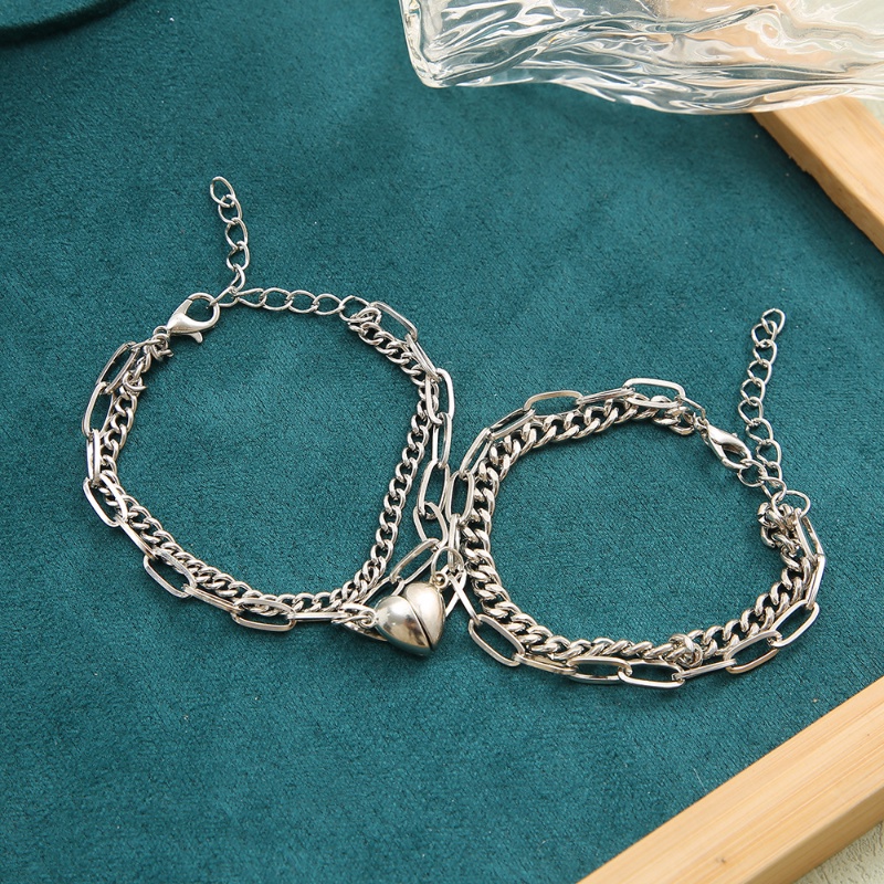 2pcs / Set Gelang Rantai Ganda Bahan Alloy Lapis Silver Untuk Wanita