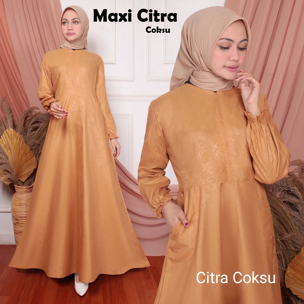 Gudang_Mukenaku Maxi Citra Gamis Syari Fashion Wanita Dewasa Bahan Katun Embos Reseleting Depan (Busui) Terbaru Premium COD bisa bayar di tujuan