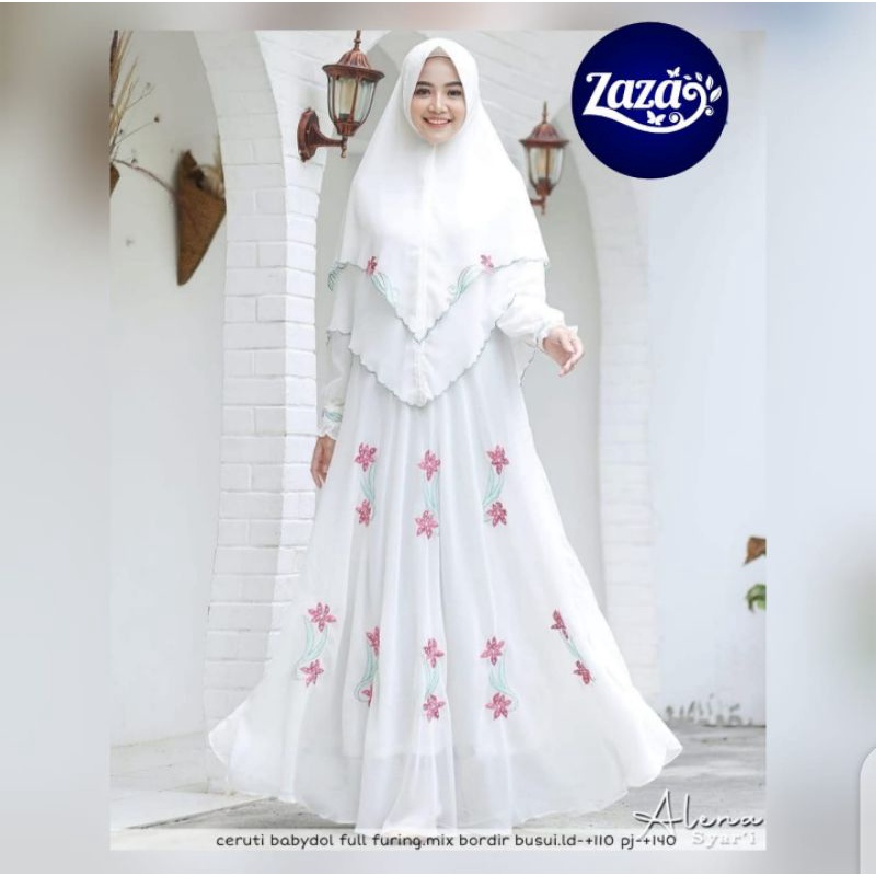 Gamis syari putib gamis syari ceruty babydoll kombi bordir bunga gamis syari busui Alena by Zaza
