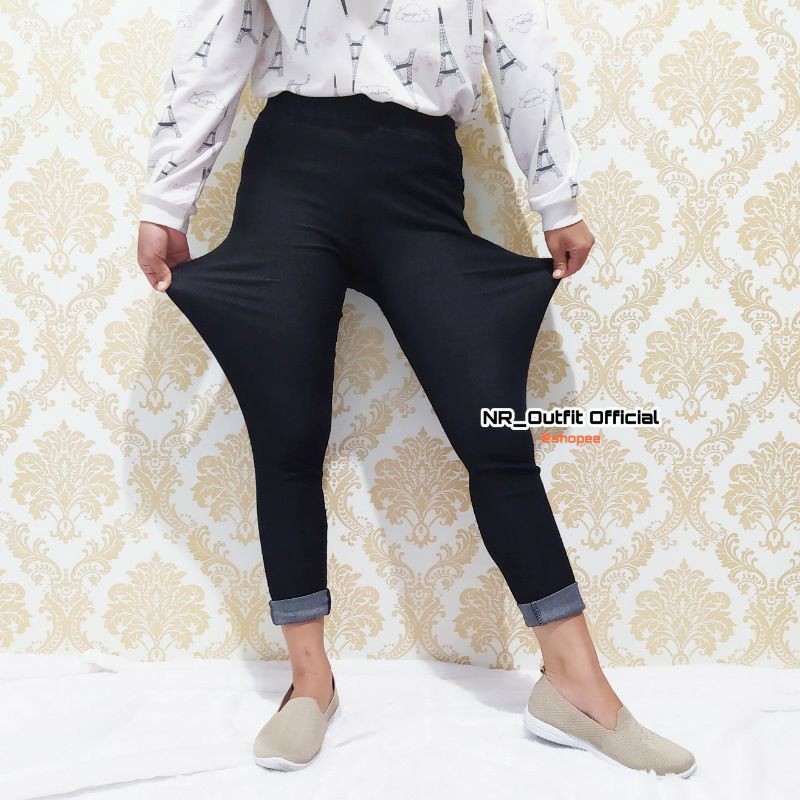 Celana Legging Denim Panjang Lejing Jeans Stretch Leging pinggang karet Loggo NR_Outfit Official COD