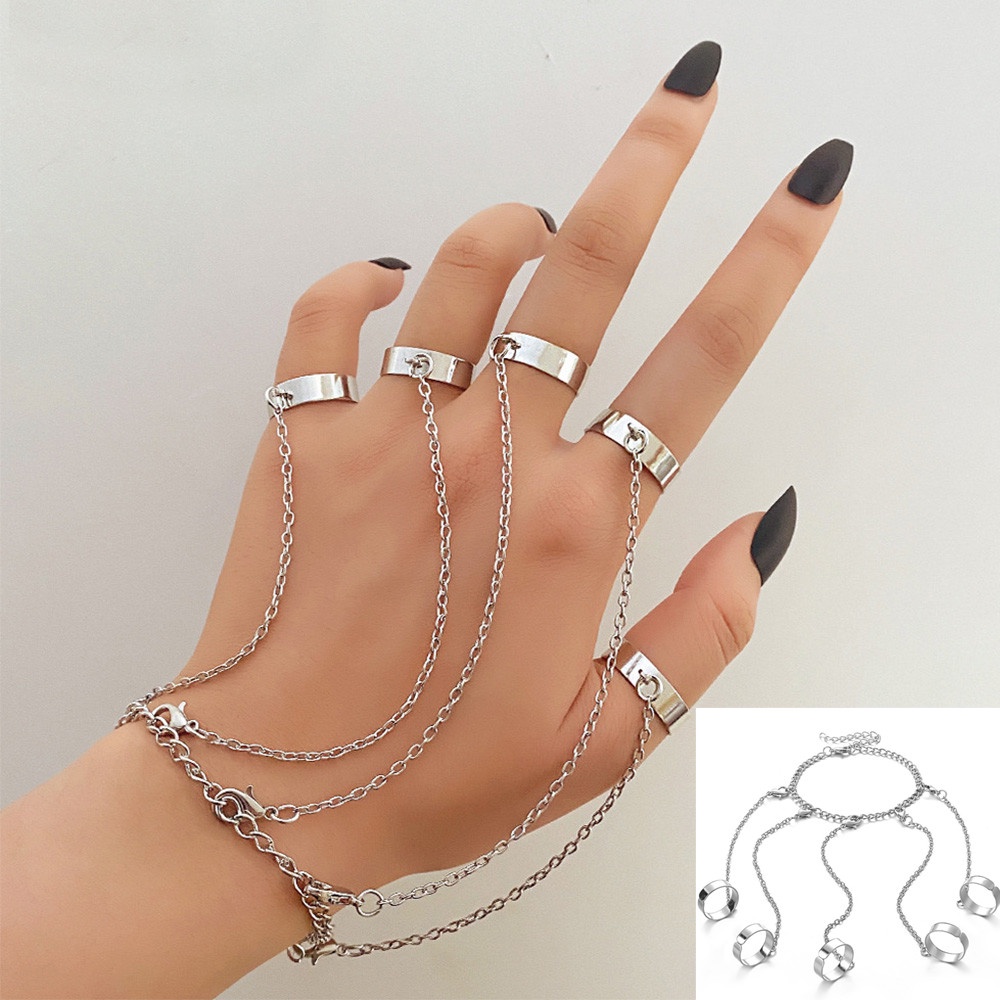 5 in 1 Cincin Rantai Model Terbuka Warna Silver Gaya Punk hip Hop Untuk Wanita