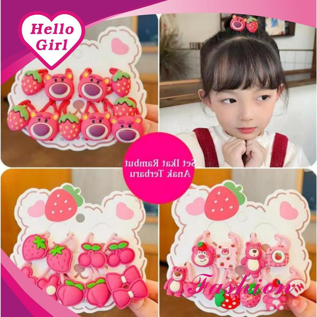 (Hello Girl)F229 Ikat Rambut Anak Perempuan Motif Beruang Strawberry Gaya Korea Import