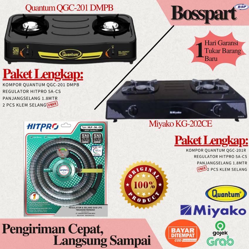 Paket Kompor QUANTUM 2 tungku QGC 201DMPB / QGC-201DMPB / MIYAKO KG-202 CE / bonus Selang Regulator Gas Hitpro