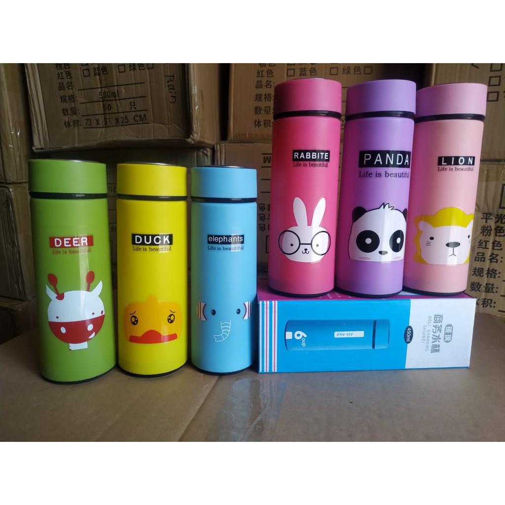 ~ PIYOSHI08 ~ Botol Minum Termos Kaca Motif Animal Warna 450 ml Lucu Glass Bottle Pakai Dus AF52