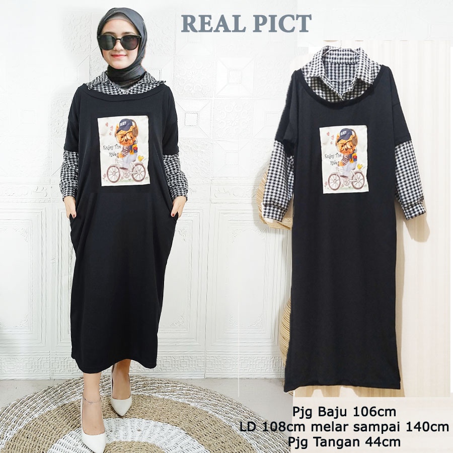 CARLINA LONG DRESS TUNIK OVERSIZE COMBI KOTAK JUMBO WANITA