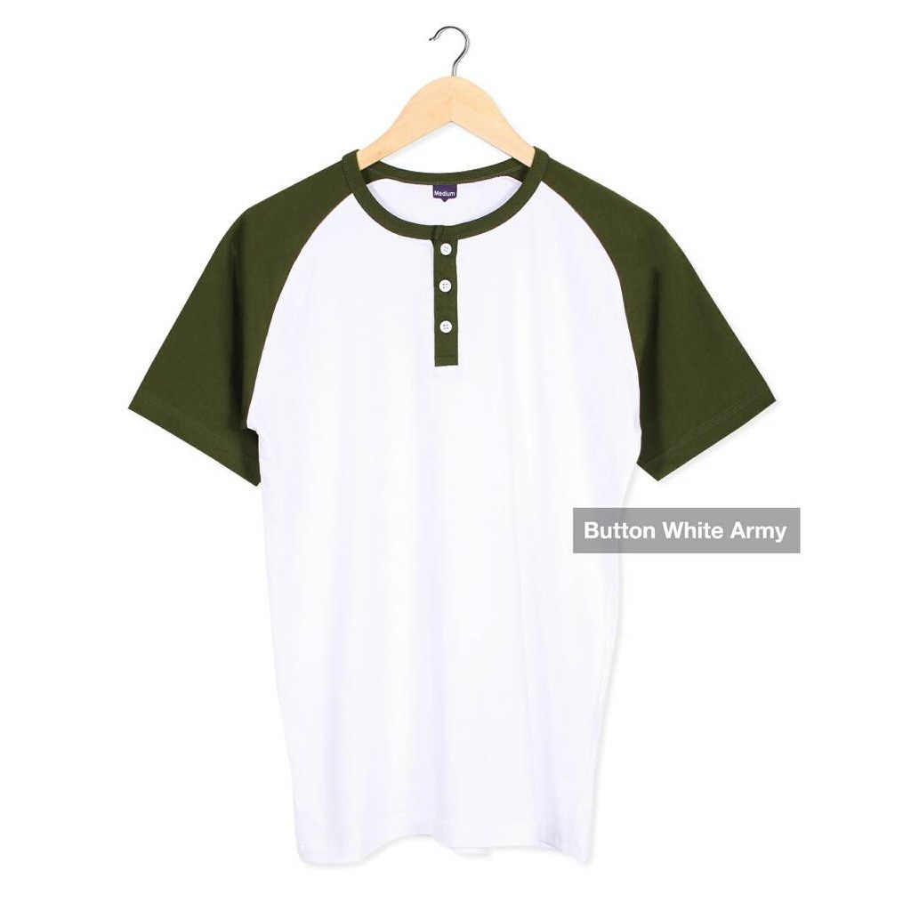 Kaos Polos Kancing Pria White Army – Kaos Henley Pria Button Putih Hijau Army