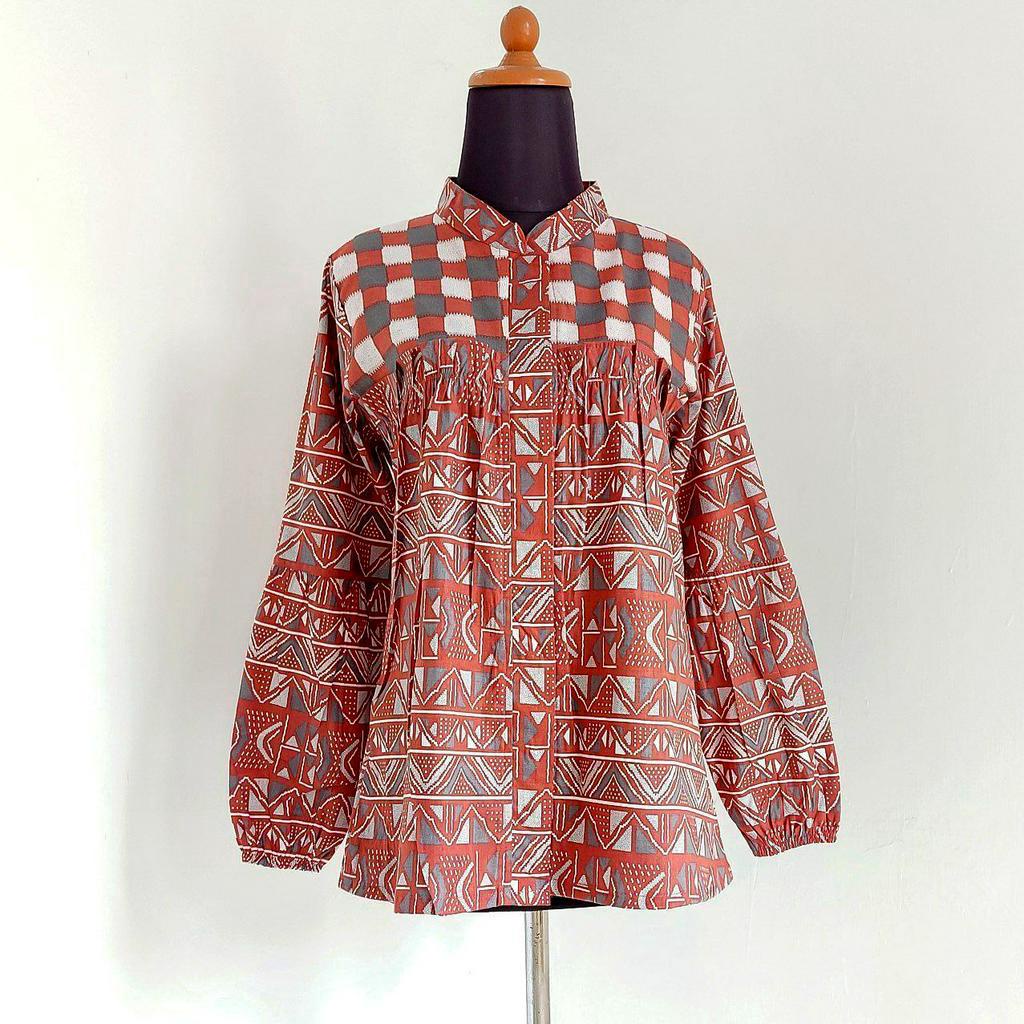 Baju Batik Wanita Modern Atasan Blouse Batik Kerja Kantor Wanita Motif Akar Balon