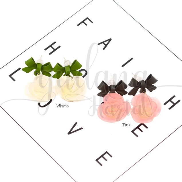 Anting Stud Rose And Bow Earrings Bunga Dan Pita Putih GH 203329