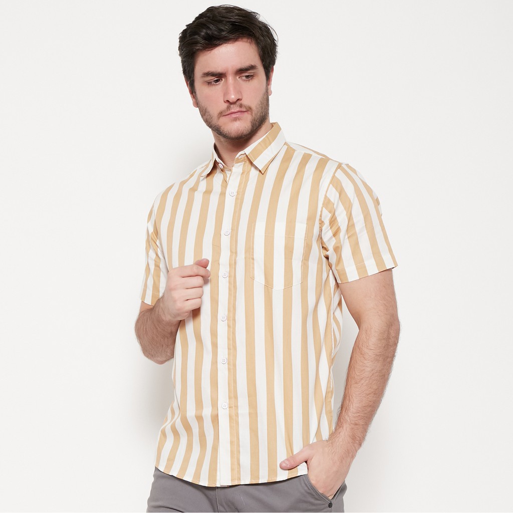 GTS Kemeja Pria Salur Stripe Pendek Warna Kuning 1243B