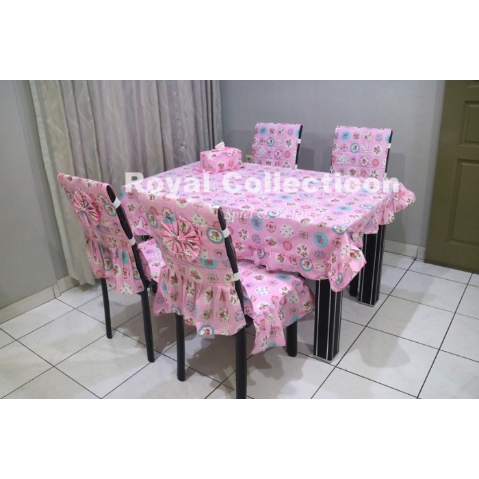 Taplak Meja Makan - Set Sarung Kursi Makan / Taplak Meja/ Ctc / Cover Kursi: Gisel Pink