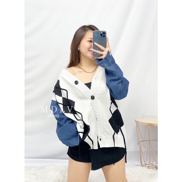 MDLV ~ 48005 Dalmian Knit Jacket Combi Denim Cardigan Rajut Denim Cewek Vardigan Rajut Lengan Panjang Premium Outer Rajut Denim Cardigan Rajut Import Good Quality Fashion Import