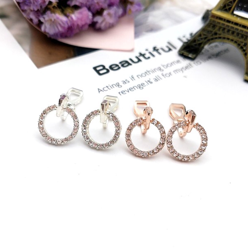 Anting Klip Tanpa Tindik Bentuk Bulat Warna Rose Gold Silver Aksen Kristal Gaya Korea Untuk Wanita