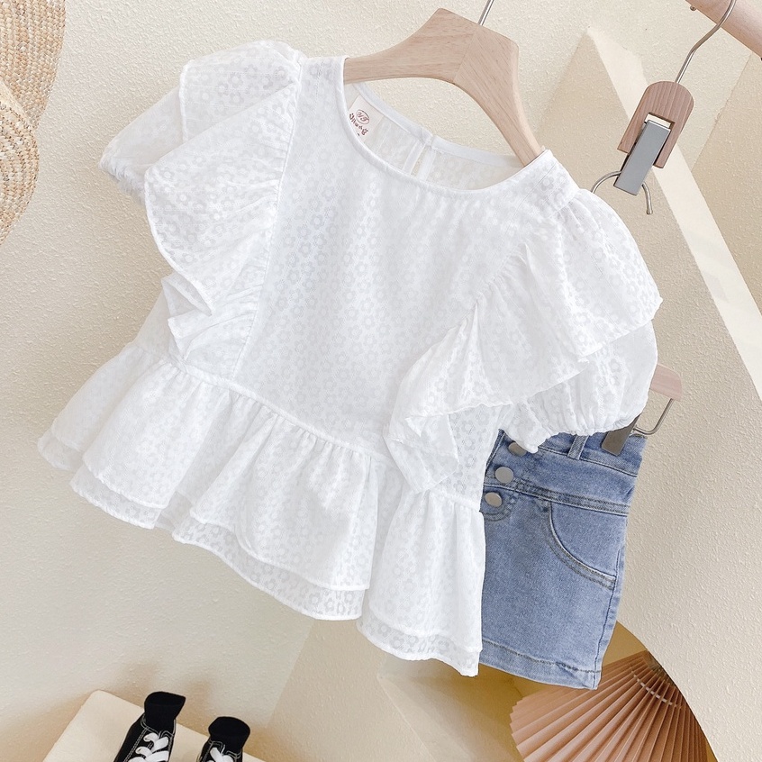 Setelan Anak Perempuan WHITE NOVA Baju Anak Kemeja dan Celana Jeans pendek 3 - 8 tahun Korean style Import