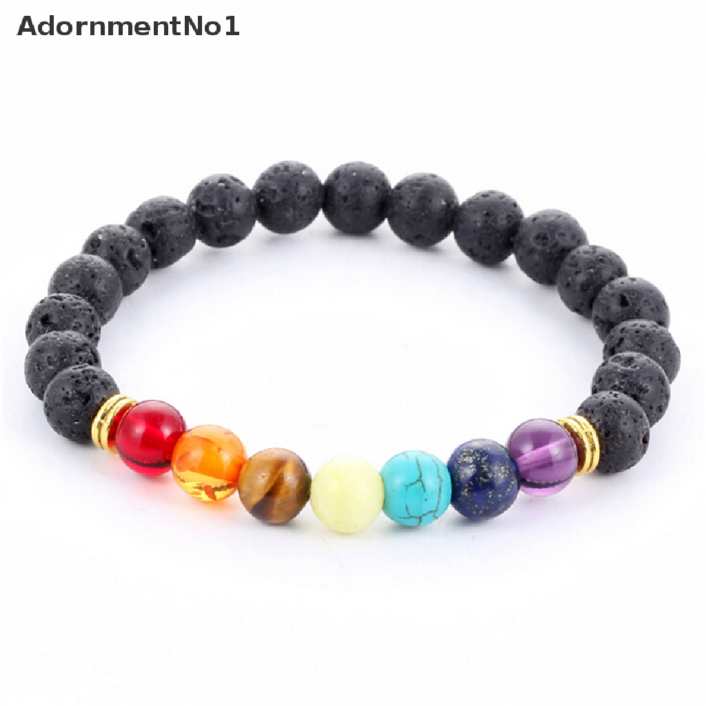 (AdornmentNo1) 1pc Gelang Tangan Wanita Manik Batu Lava Rock 7 Batu Chakra Reiki