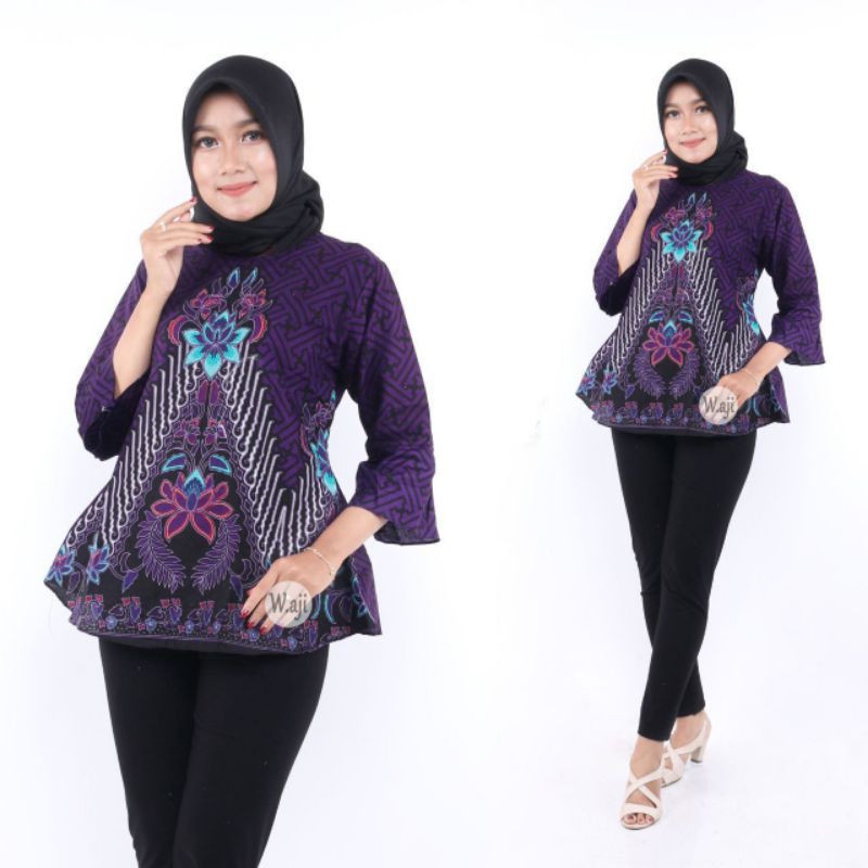 PROMO BATIK COUPLE KELUARGA SARIMBIT sania ruffle batik ori ndoro jowi motif PAGAR AYU UNGU-BLOUSE