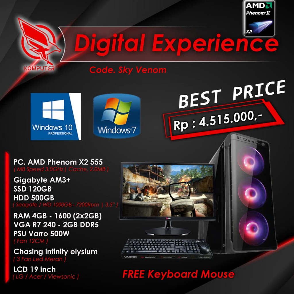PC Gaming Amd Phenom X2 555 Ram 2x2 GB SSD 120 GB Vga R7 240 2GB Lengkap siap pakai - DX KOMPUTER