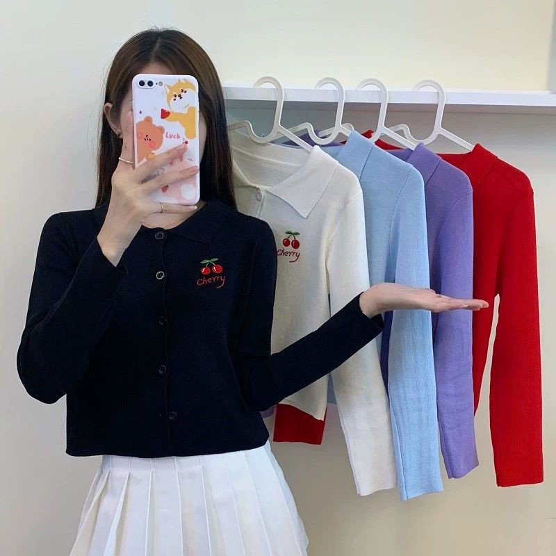 [BISA COD] Polo Neck Cardigan Rajut Motif Cherry Outer Kardigan Lengan Panjang Ala Wanita Korea