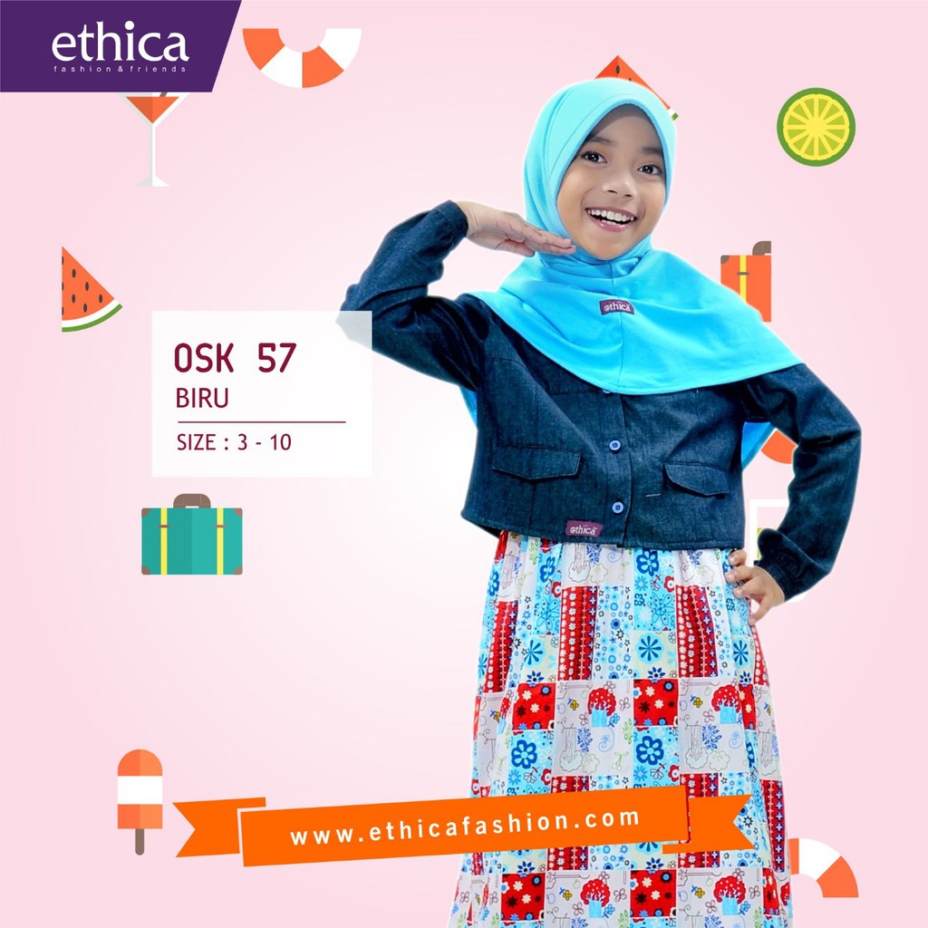 OSK 57 Biru by Ethica Gamis Anak dengan Inner Katun Motif Bunga dan Outer Denim serta Jilbab Kaos