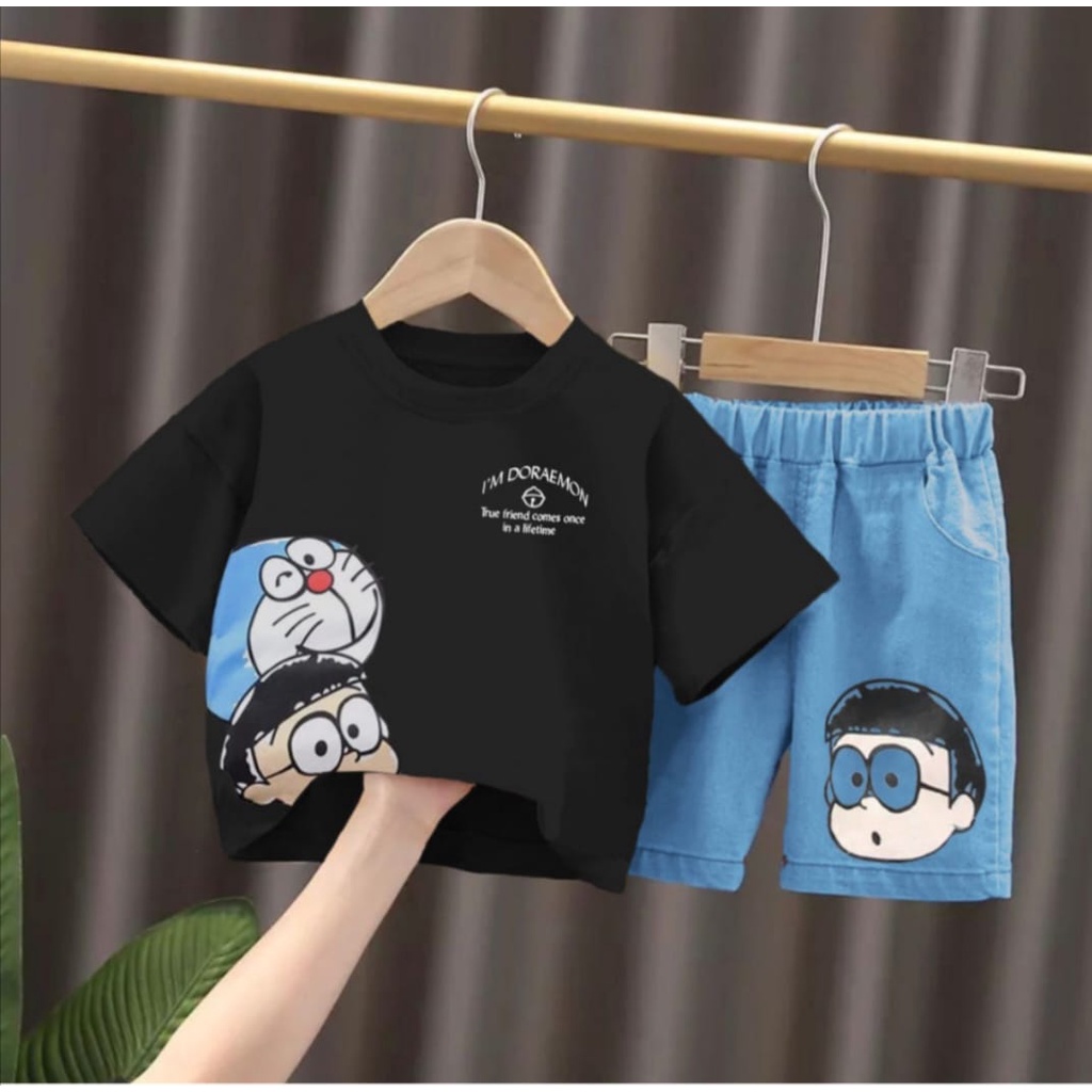 JEANS SET | SETELAN SOFT JEANS DENIM ANAK LAKI-LAKI DAN PEREMPUAN TRENDY SETELAN DORAEMON CELANA PENDEK SOFT JEANS 1-5 TAHUN