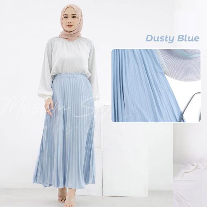 ROK PLISKET PLEAT SKIRT PANJANG POLOS WANITA PREMIUM DUSTY BLUE Termurah