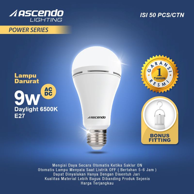 ASCENDO 9Watt Lampu Bohlam LED 9 Watt PUTIH Emergency AC DC Darurat