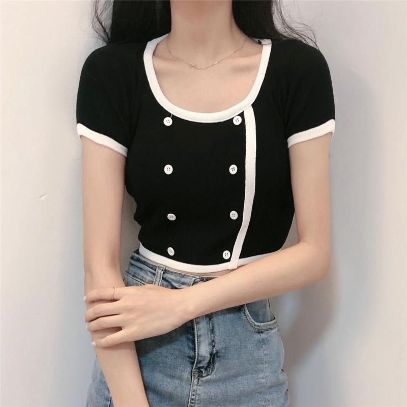 VS - Korean Collar Crop Top Button JENNIE Black Pink Rib