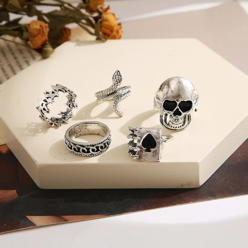 5pcs / Set Cincin Antik Model Tengkorak Ular Gaya Punk Gothic Vintage