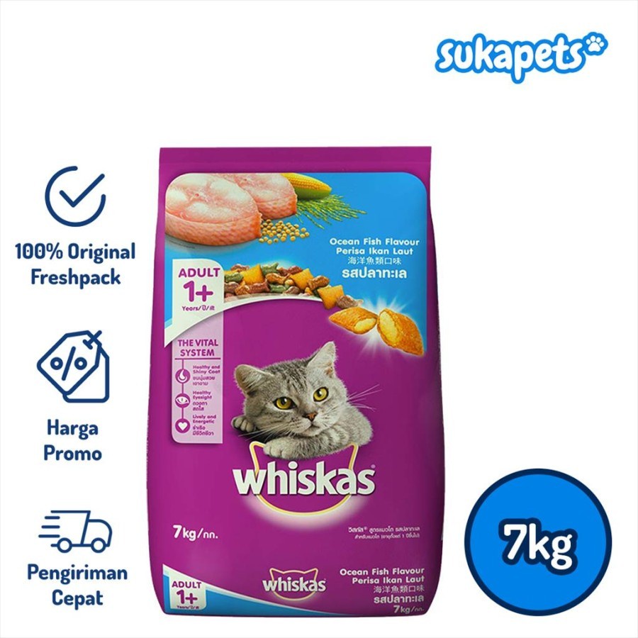 Whiskas Adult Cat Ocean Fish Dry Food 7kg - grab/gosend