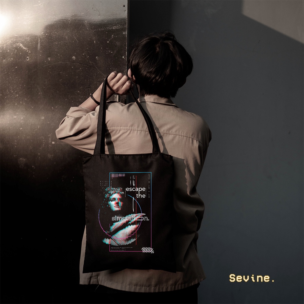 Sevine Totebag Fashion Tas Tote Bag Hitam Resleting Pria Wanita Laptop Kuliah Retro Vaporwave - HVW1