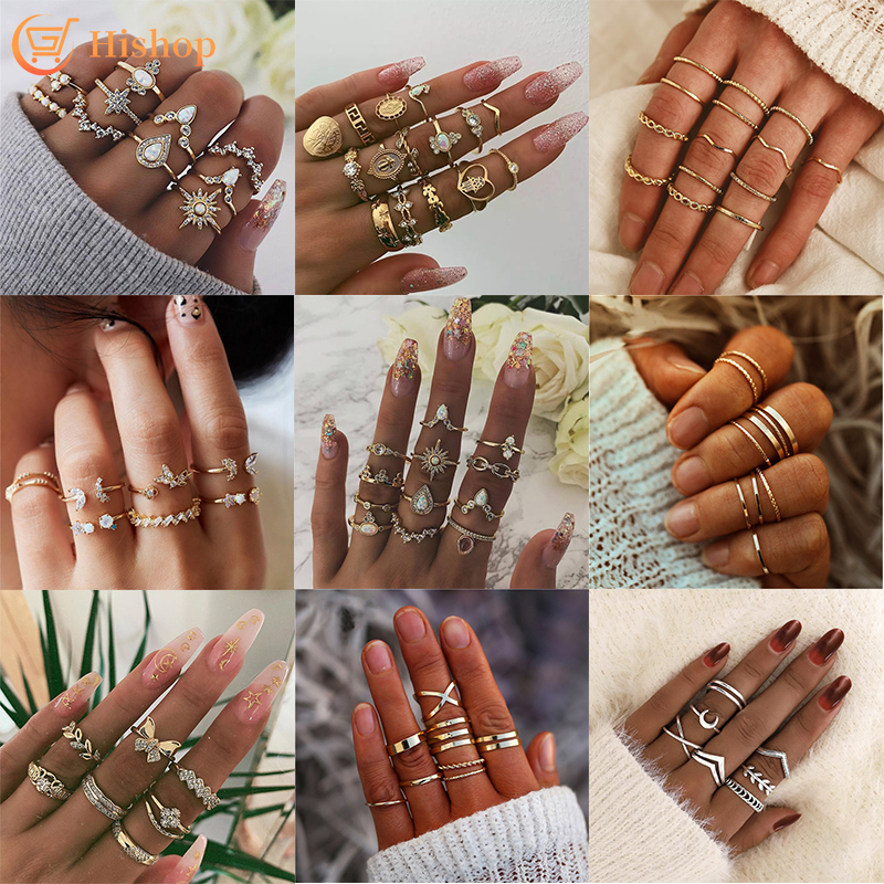 Bohemian Retro Emas Cincin Set Kupu Bintang Bulan Cincin Mode Ring Perhiasan Set Wanita Aksesoris Hadiah