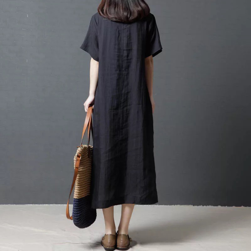 Dress Midi Wanita Casual Model O-Neck Longgar Bahan Katun Linen Versi Korea