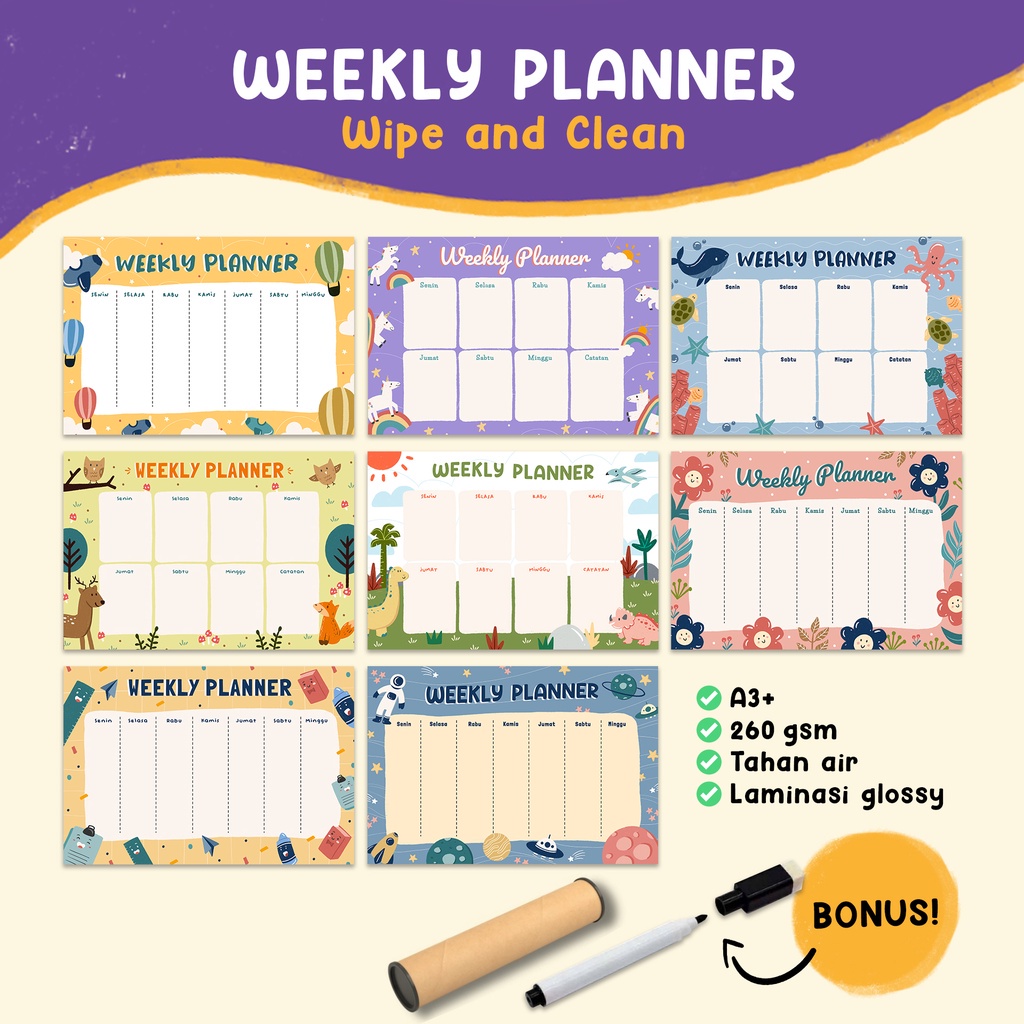 

Wipe and Clean | Weekly Planner | Poster Jadwal Pelajaran & Sekolah | School Timetable | Schedule