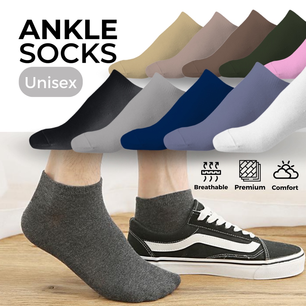 Ankle Socks Unisex Plain Kaos Kaki Semata Kaki Dewasa