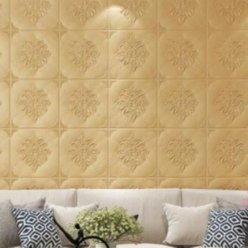 wallpaper foam premium permukaan timbul motif batik mewah kuning