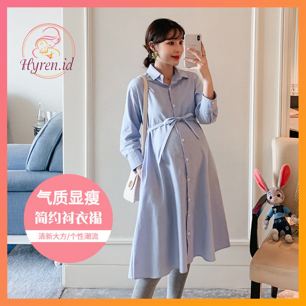 Hyren.id P16 Dress Kemeja Ibu Hamil Import Baju Pakaian Kantor Menyusui Maternity Fashion Biru